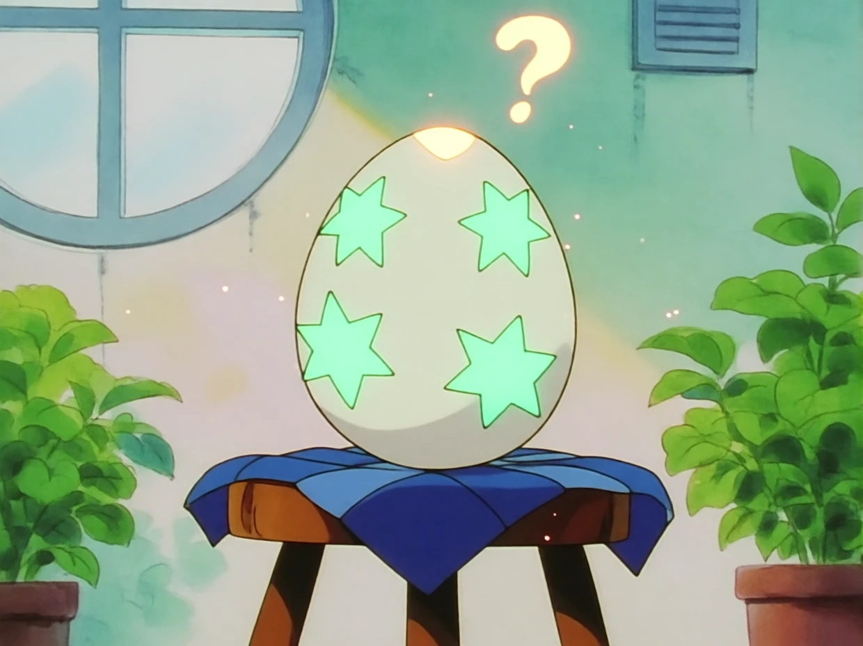 A mysterious cream egg glowing softly in a sunny anime laboratory