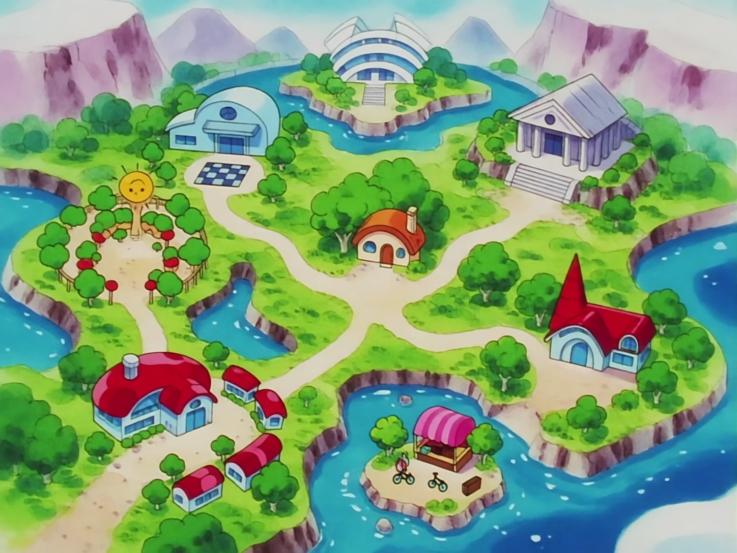 An illustrated island map with villages, forests, a gym, a mountain shrine and an arena